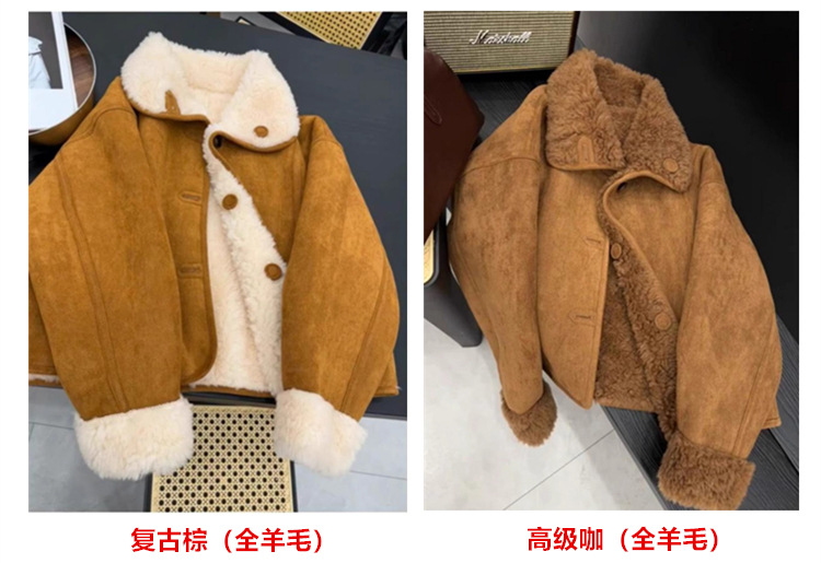 海宁皮草批发冬季新款皮毛一体麂皮绒羊羔毛外套女加绒真毛毛大衣详情5