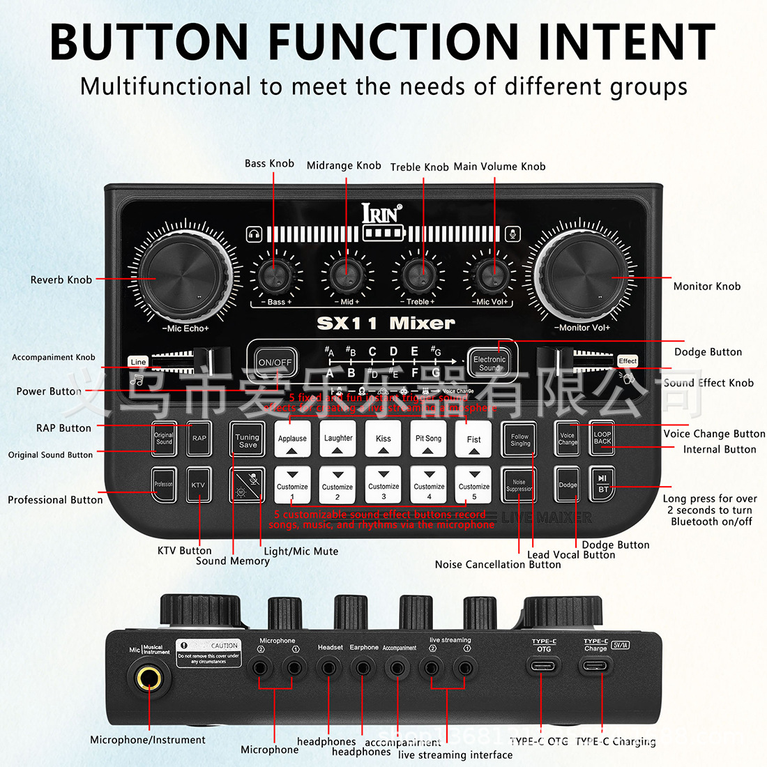 IRIN English sound card mixing console with sound effect, light adjustment, multi-functional singing, recording, noise reduction and live streaming sound card pic 8