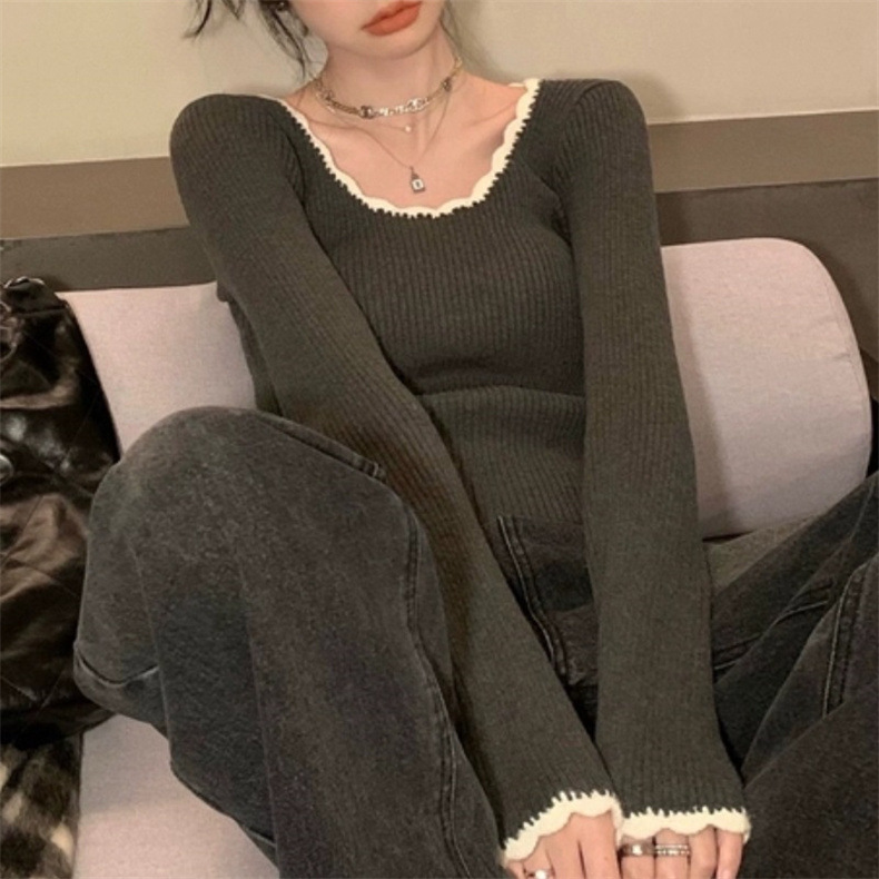 KANING复古撞色打底针织衫女2025春季新款法式气质修身内搭毛衣女详情5