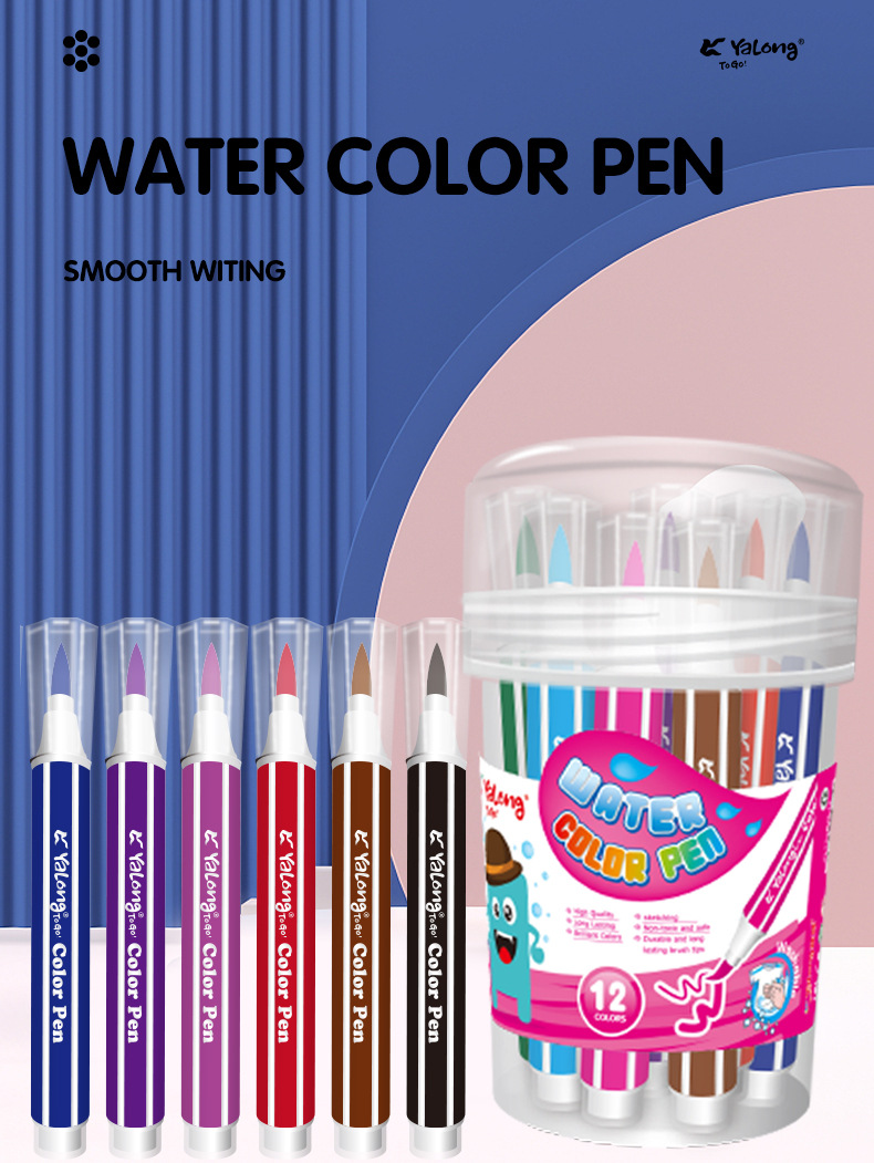 Yalong Cross-border Watercolor Pen 12/18/24/36 Color Soft Brush Tip Hexagonal Rod School Painting Art Set pic 1