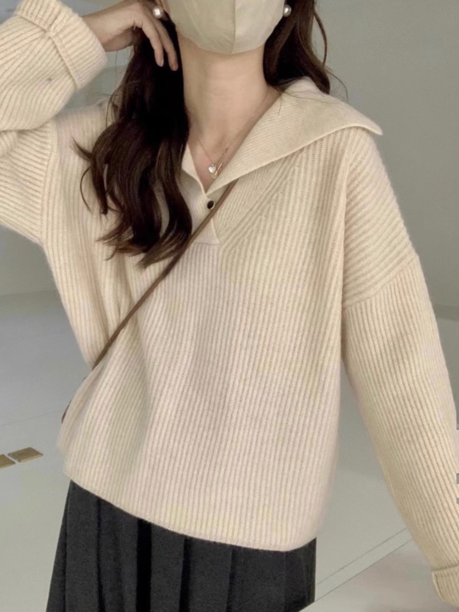 2024翻领浣熊绒设计感坑条毛衣女秋冬宽松慵懒风温柔针织上衣详情4