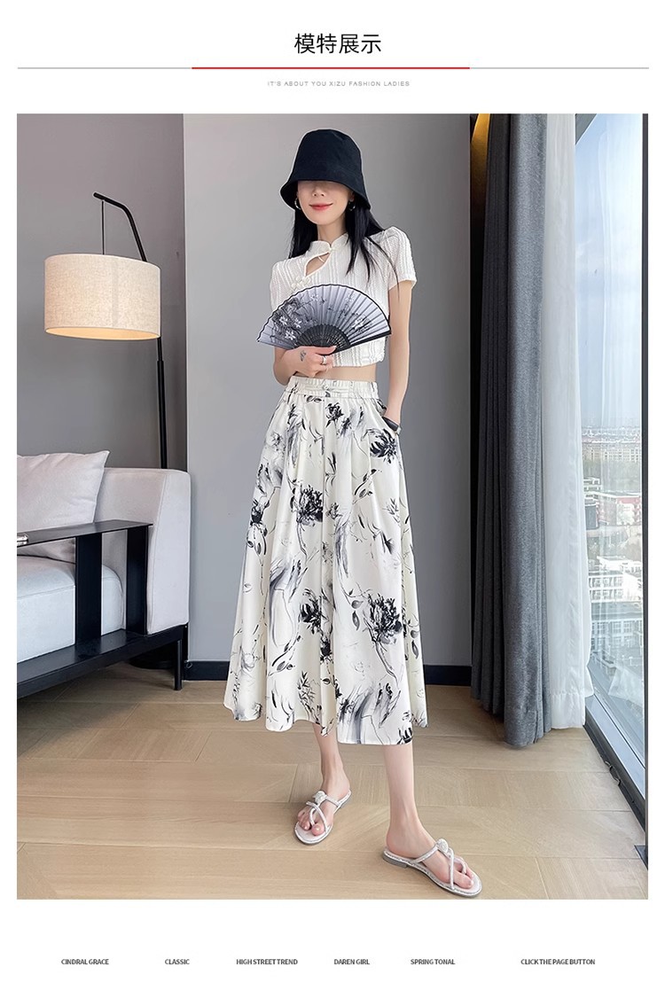 国潮水墨画印花冰丝阔腿七分裤子女夏季薄款2024新款高腰宽松垂感裤裙详情18