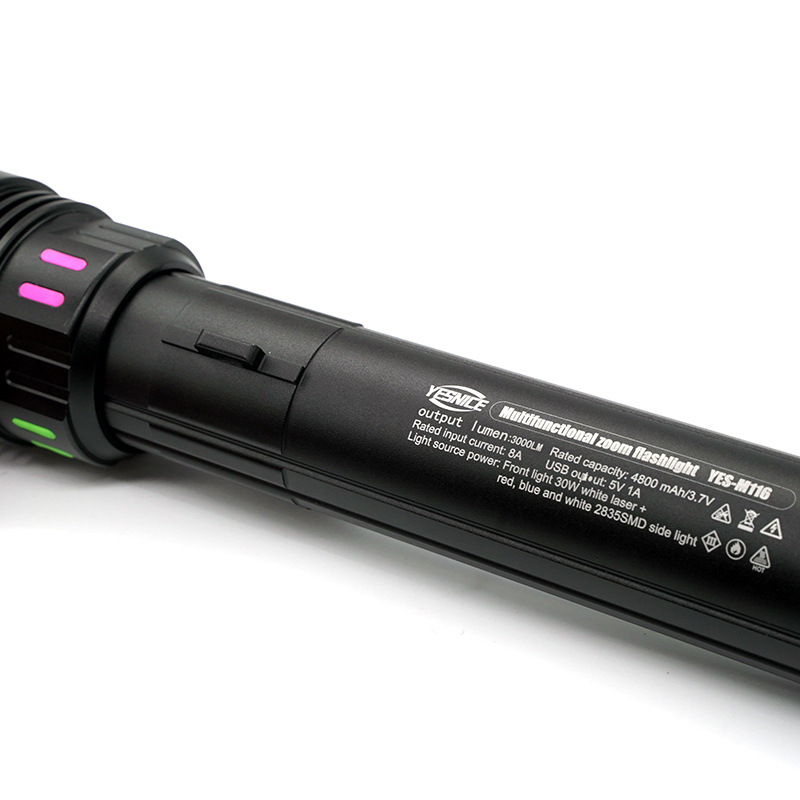 新款白激光手电筒荧光彩条带侧灯Type-C充电带输出数显警示手电筒详情7