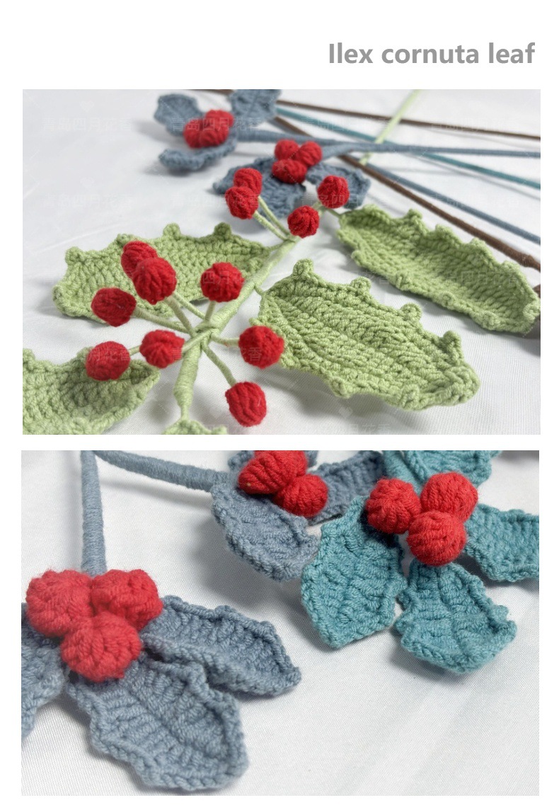 雪妃尔毛线圣诞老人花枝枸骨叶仿真花束装饰套装工艺品礼品摆件挂件详情6