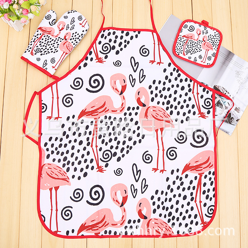 【 Chi Jia 】 Flamingo Digital Print Microwave Glove Pad Apron Three-piece Set Kitchen Oven Baking pic 6