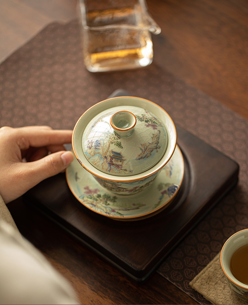 汝窑三才盖碗山水茶壶茶杯主人杯开片可养掐金功夫盖碗送礼套装详情4