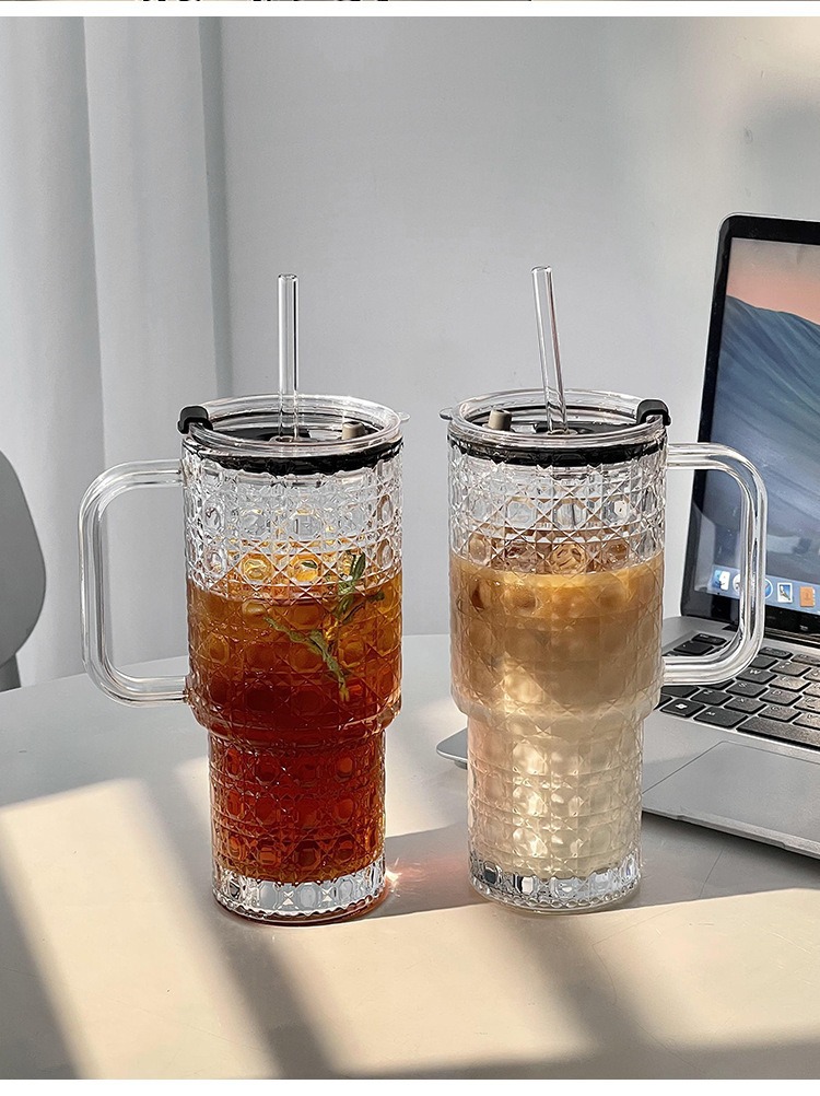 Creative large-capacity glass cups, handle beverages, cola cups, transparent covered straw cups, household double-drinking cups, water cups pic 9