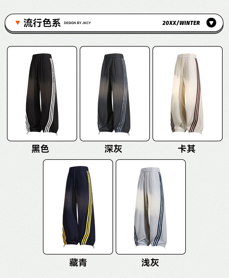 美式冰丝锦纶三条杠阔腿弯刀卫裤男春秋款宽松休闲裤男女时尚潮牌详情5
