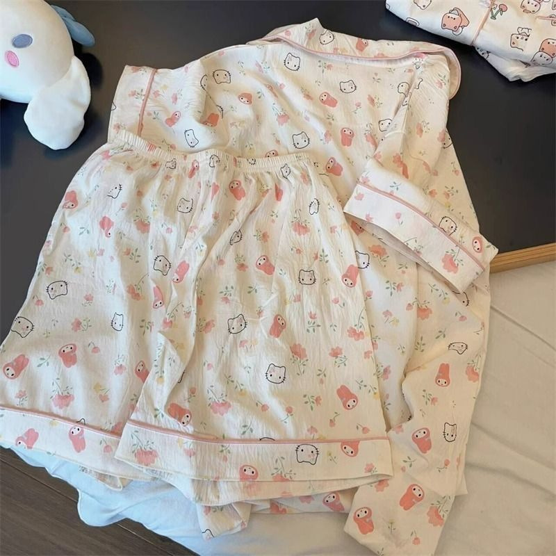 Pajama Women Summer Cloud Cotton 2024 New Style sweet and cute cardigan casual short-sleeved and short-shorts home wear set pic 40