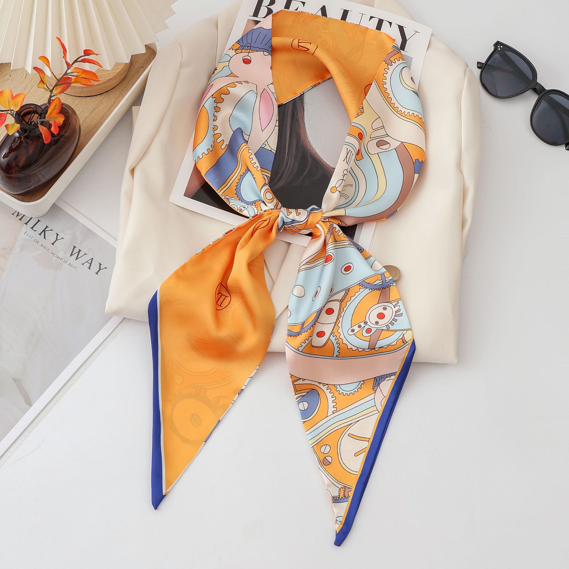 欧美风2025爆款斜角飘带长条丝巾工厂批发时尚格子纹防晒围巾领巾女装配饰详情1