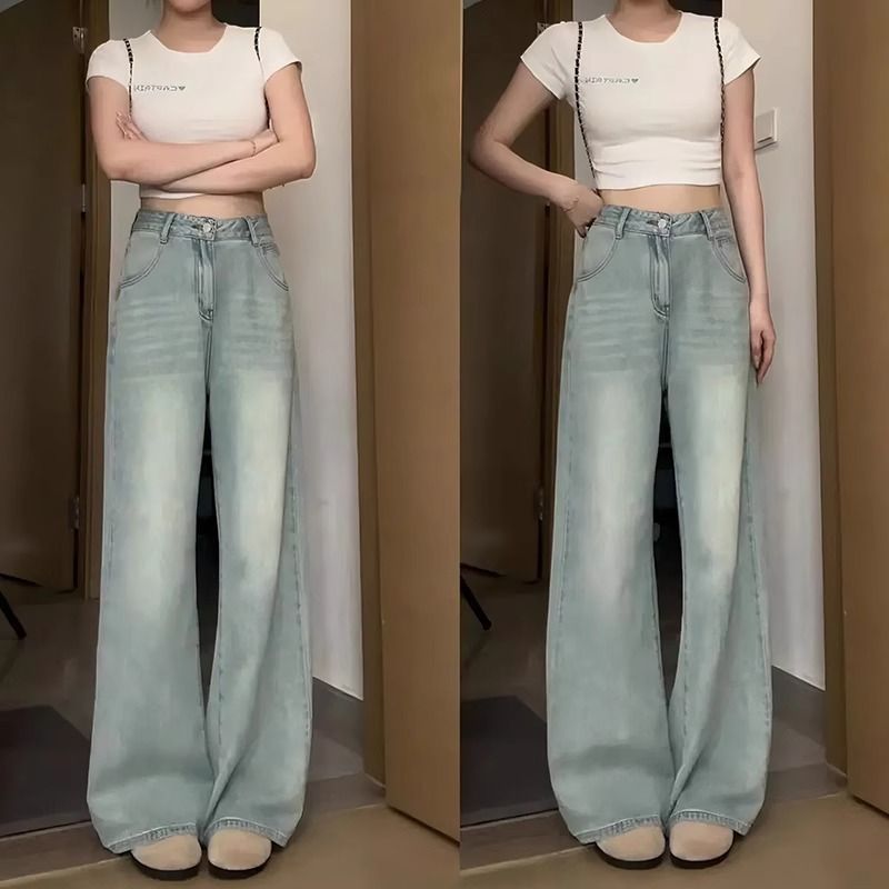 复古浅色阔腿牛仔裤女高腰2024年春秋新款宽松直筒拖地裤子女夏季详情5