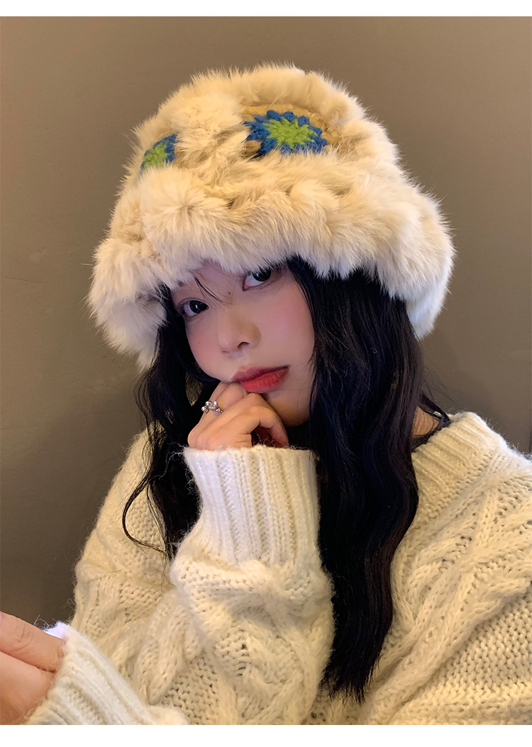 毛绒渔夫帽女冬季兔毛针织毛毛帽子显脸小保暖醒狮帽大头围毛线帽详情5