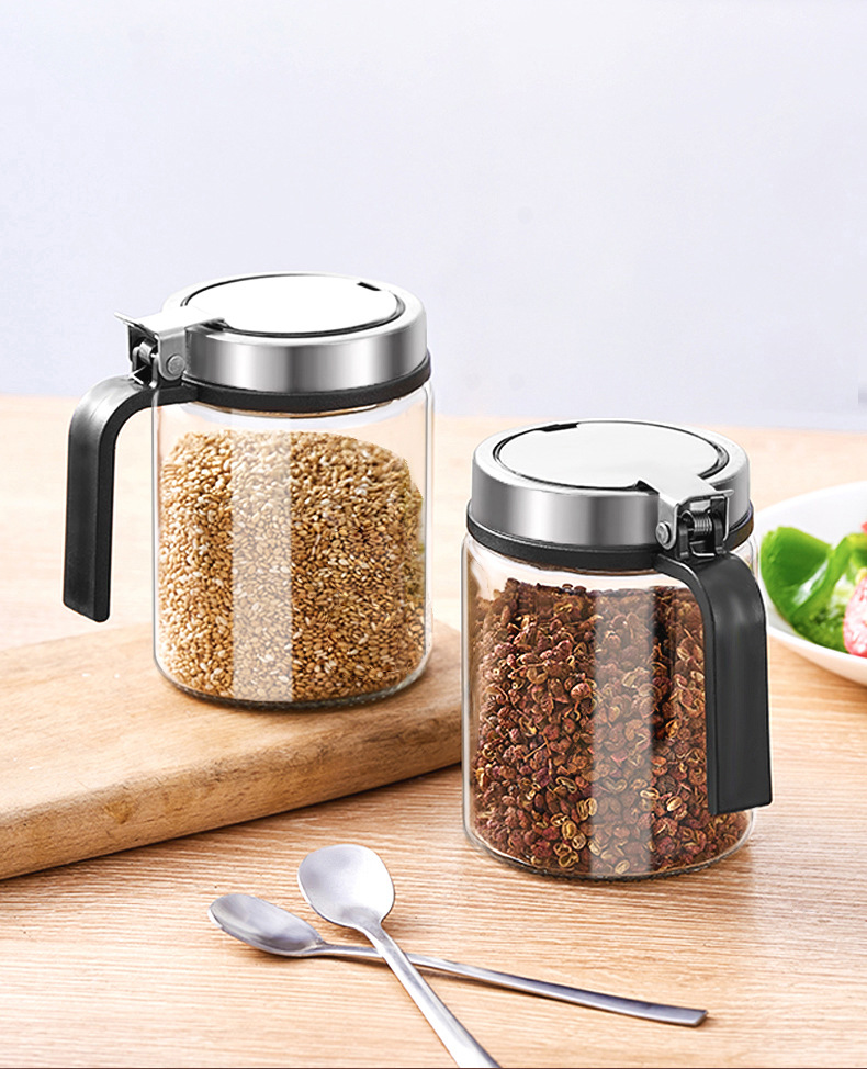 调料罐带勺佐料盒防潮玻璃盐巴罐不锈钢弹簧盖调味瓶厨房家用套装详情9
