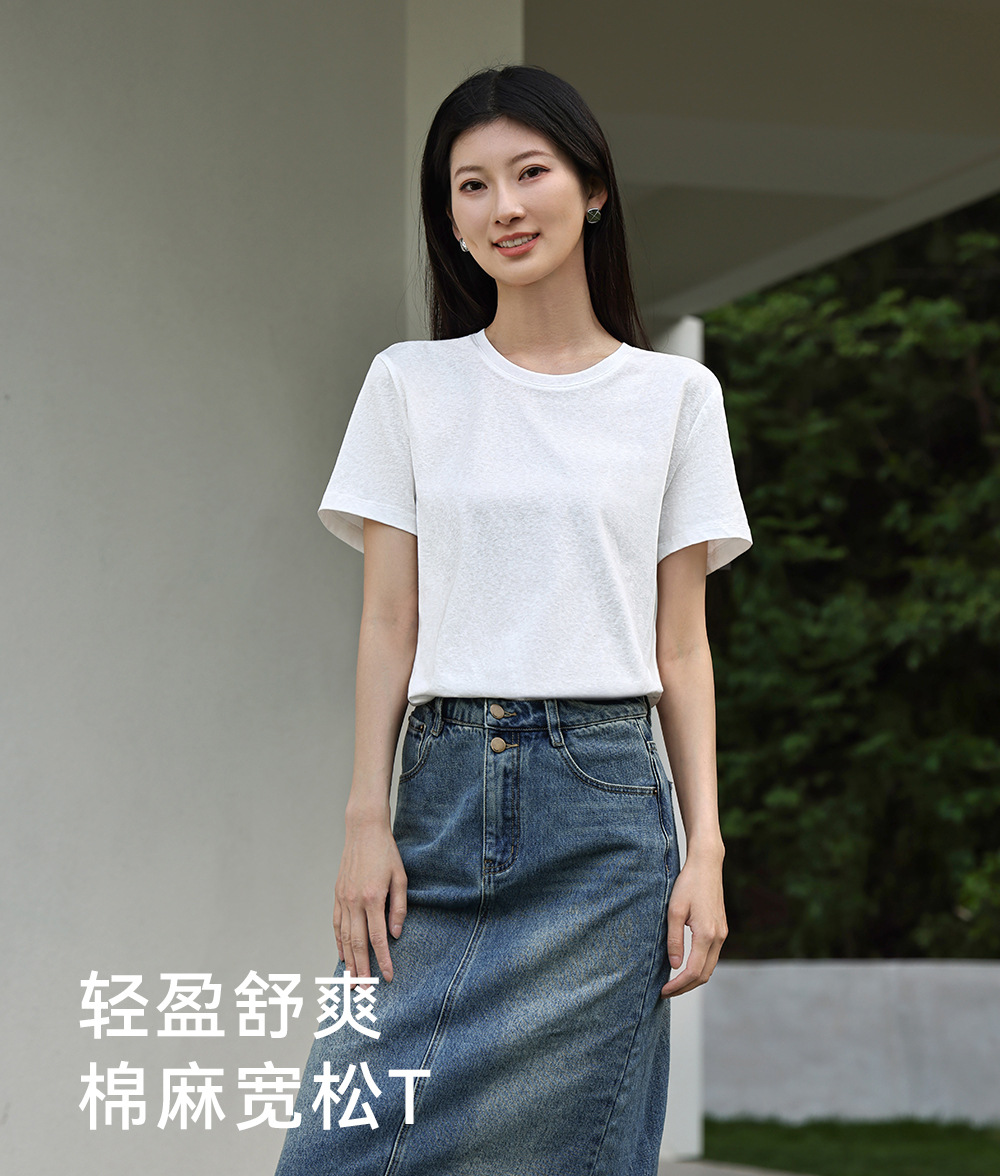 纯色棉亚麻圆领T恤女式春夏季薄款宽松上衣正肩显瘦套头休闲短袖详情1