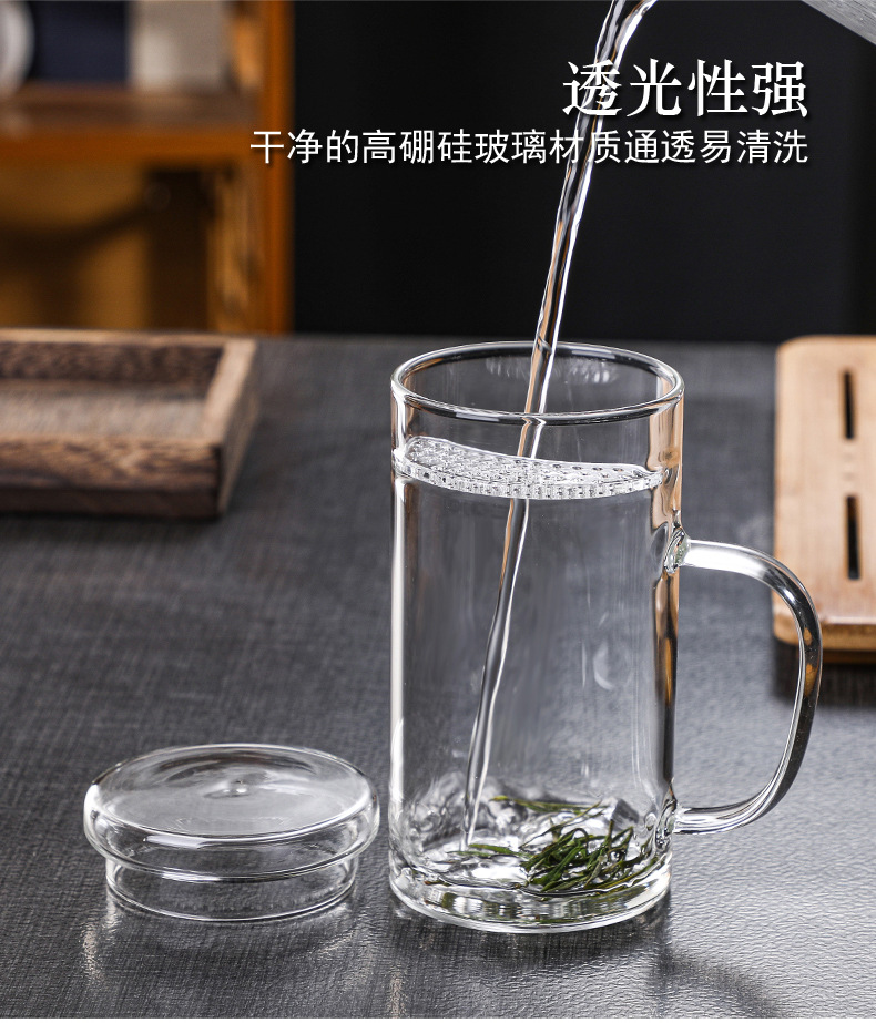 Factory wholesale glass crescent-shaped cups, household green tea cups, heat-resistant glass cups with built-in filters, and tea brewing cups with handles pic 12