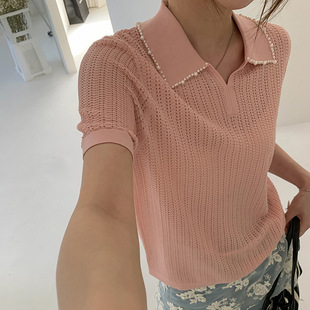 南油高端女装2026夏季新款珍珠装饰麻花纹针织短袖通勤气质上衣详情8