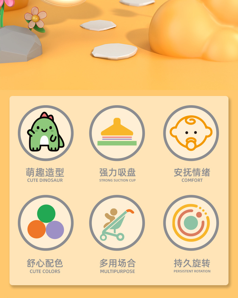 跨境食品级硅胶吸盘转转乐卡通恐龙益智早教餐桌椅可啃咬牙胶玩具详情3