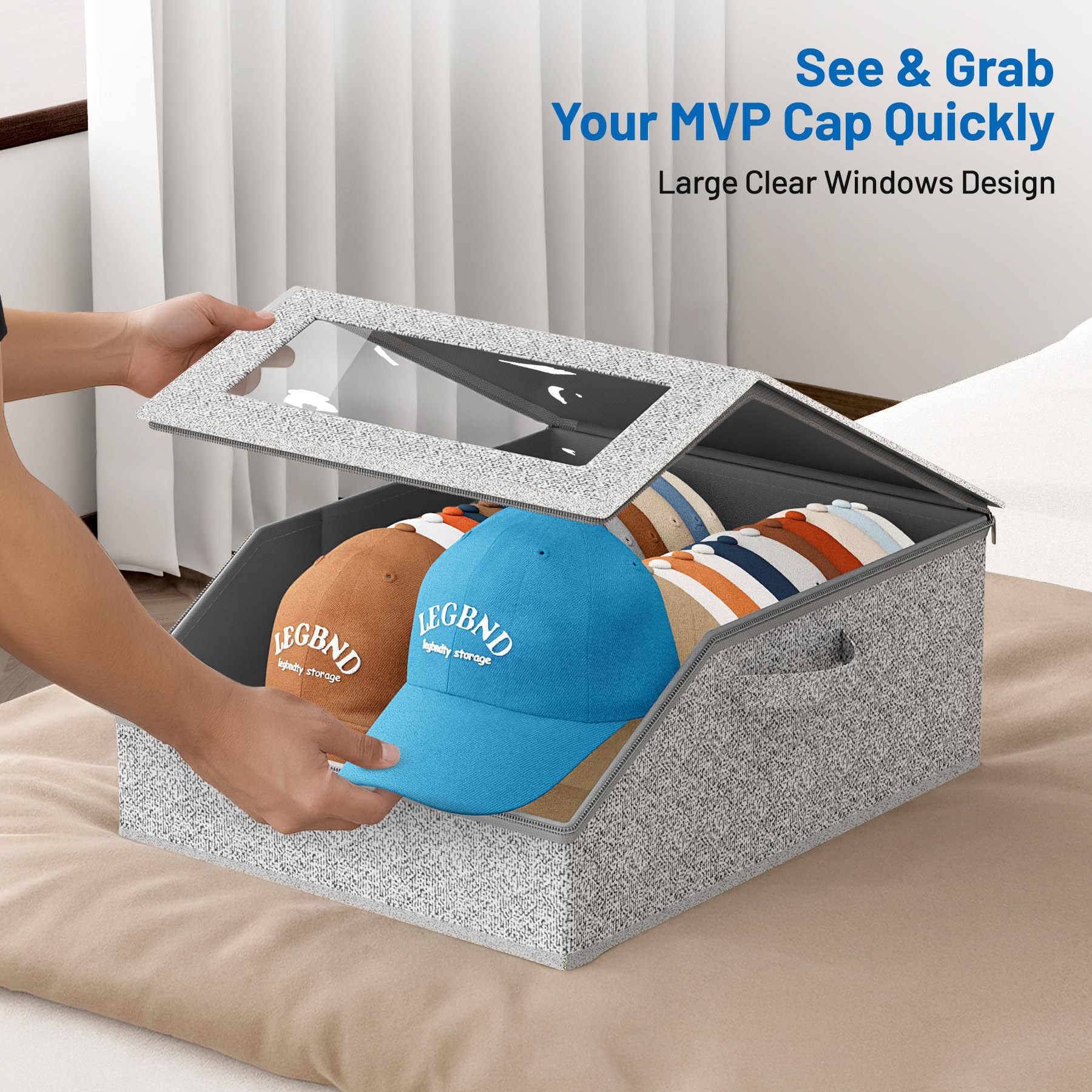 Cross-border zipper hat storage box, foldable dust-proof with window, large-capacity drawer baseball cap storage box pic 13