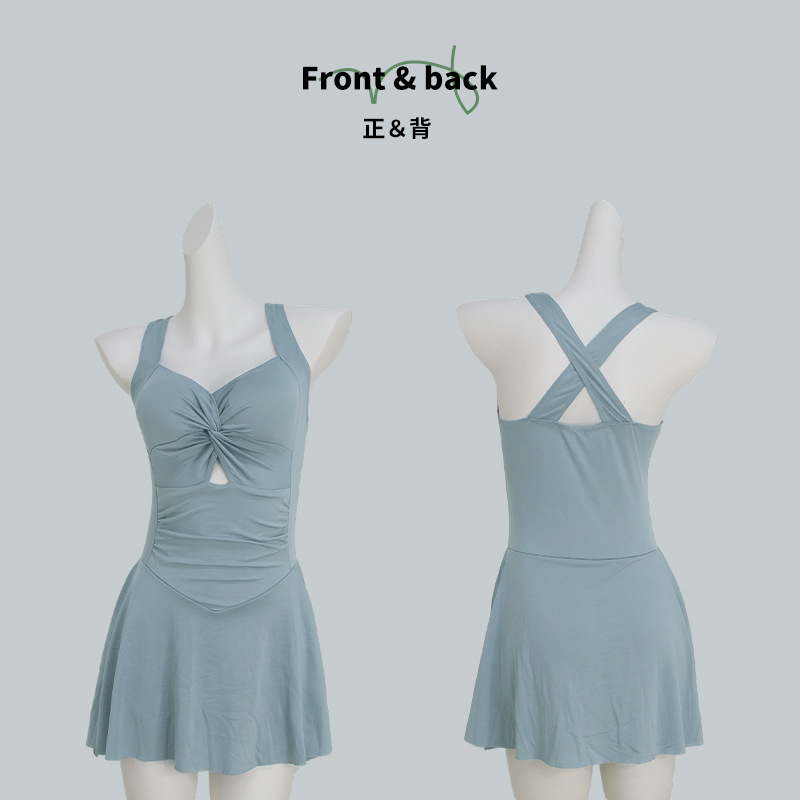 温泉泳衣女时尚爆款纯色显瘦遮肉连体裙式保守收腰性感游泳衣批发-028407详情3