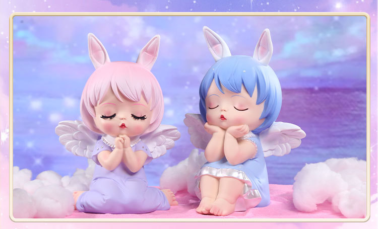 Cute rabbit angel, eight-color hair, AI toy, closed-eye prayer dress, white wings, pink background, star figure pic 15