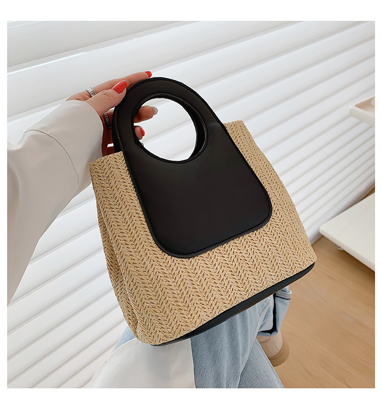 2023夏季复古撞色拼接草编包大容量手工编织包简约时尚单肩手提包详情20