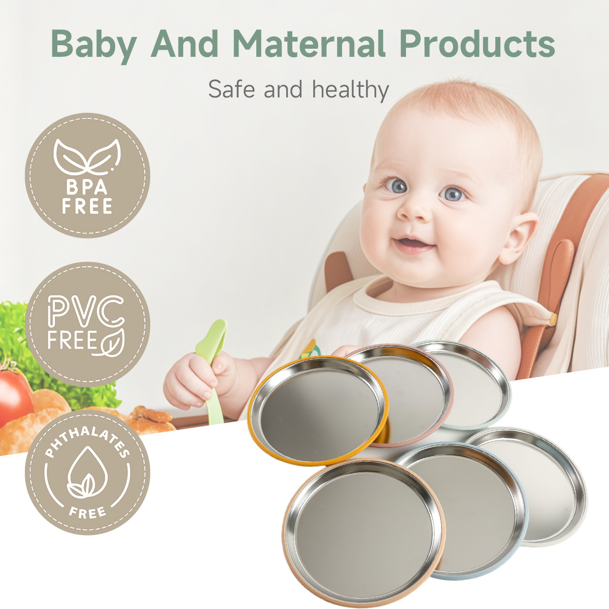 跨境热销不锈钢餐盘硅胶防滑吸盘套无分格隔热儿童喂养餐具餐盘详情1