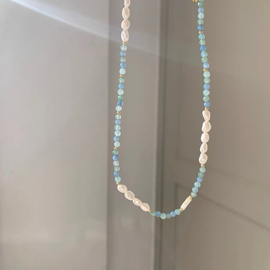 海蓝宝天然石贝母幸运草项链气质淡水珍珠贝壳蓝绿串珠小清新项链详情10