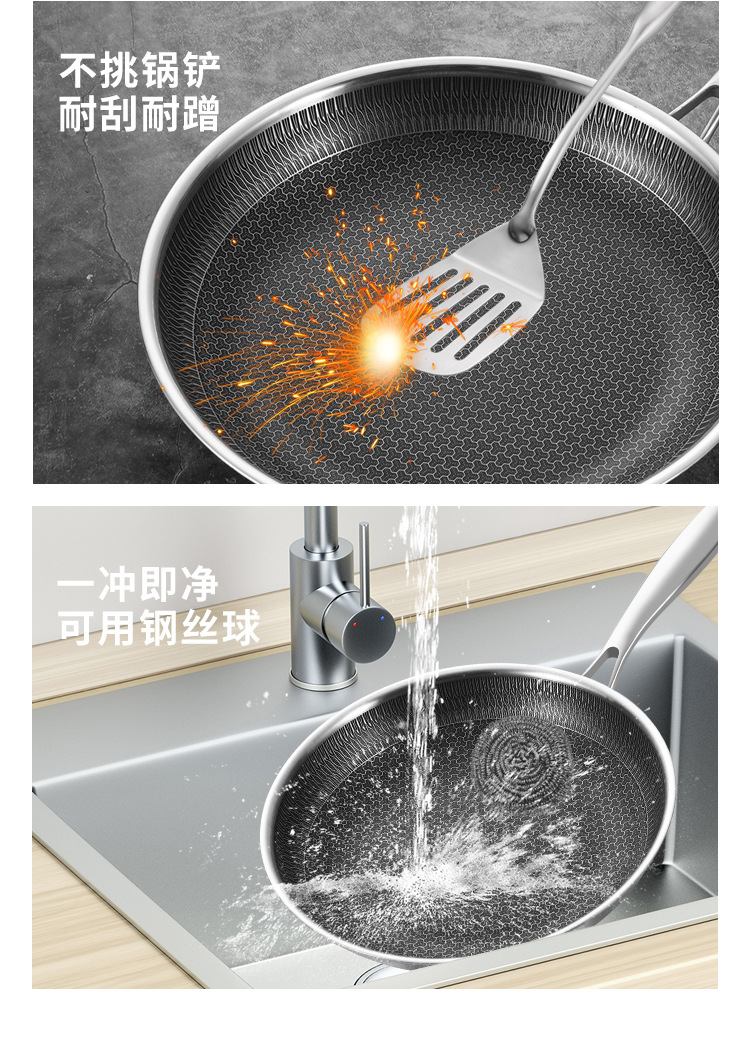 跨境304三层钢不锈钢煎锅加厚平底锅无涂层蜂窝不沾锅煎鸡蛋牛排详情11