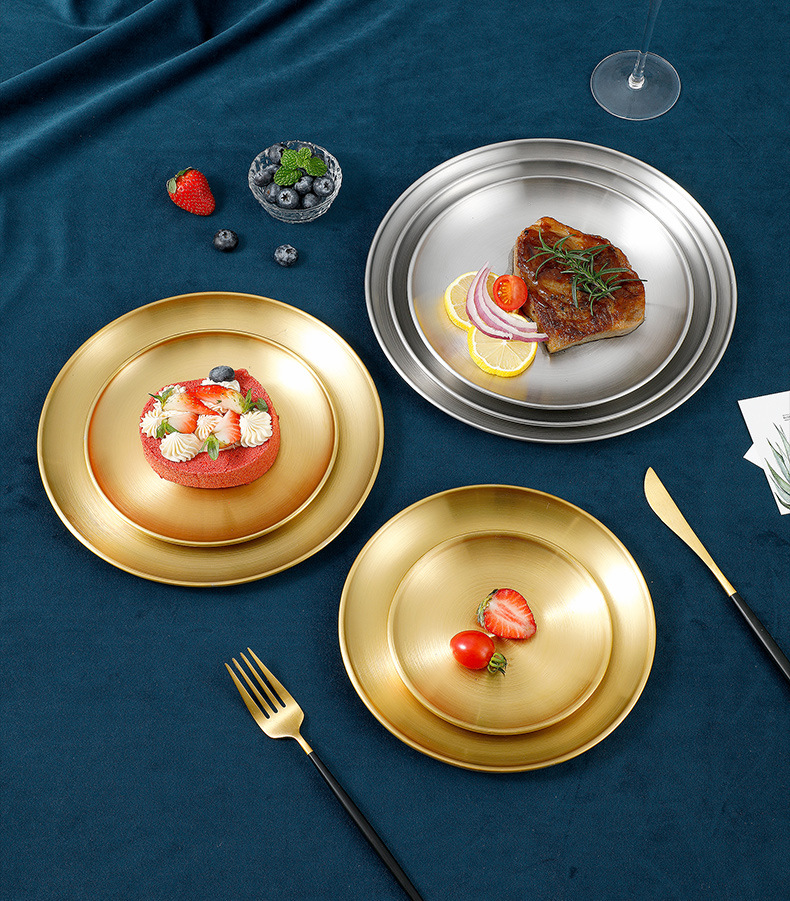 304 Korean-style stainless steel barbecue plate, round and simple buffet plate, metal tray, barbecue fruit and dessert plate pic 16
