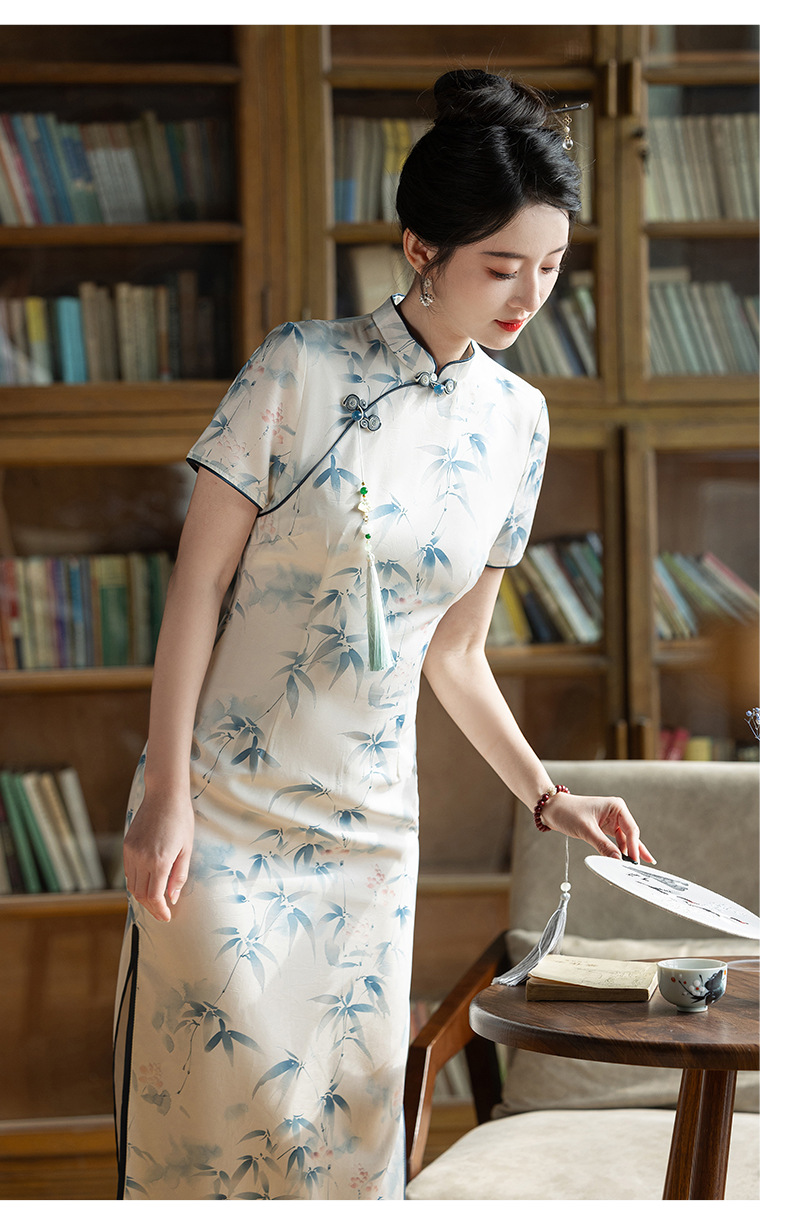 Fresh and elegant bamboo leaf long double-layer style slimming cheongsam short-sleeved new Chinese-style stand-up collar 2025 Summer new style pic 12