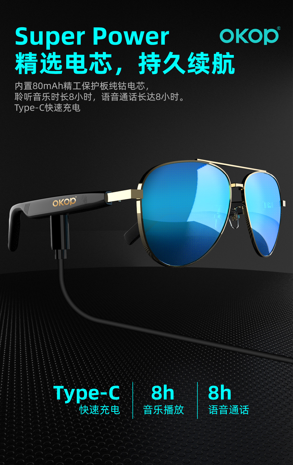 Y101智能蓝牙眼镜防水防汗蓝牙耳机语音通话防蓝光空气传导跨境详情13