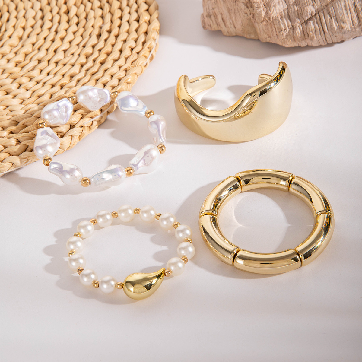 欧美跨境新款多层线条缠绕几何开口手镯套装朋克风波浪形串珠手链详情62