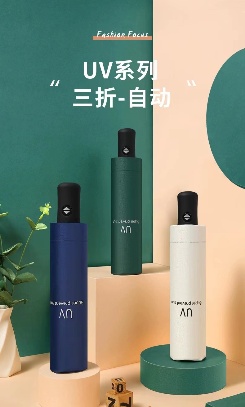 Three-fold fully automatic black rubber sun protection and shade umbrella, all-weather folding sun umbrella, umbrella printed logo advertising umbrella pic 1