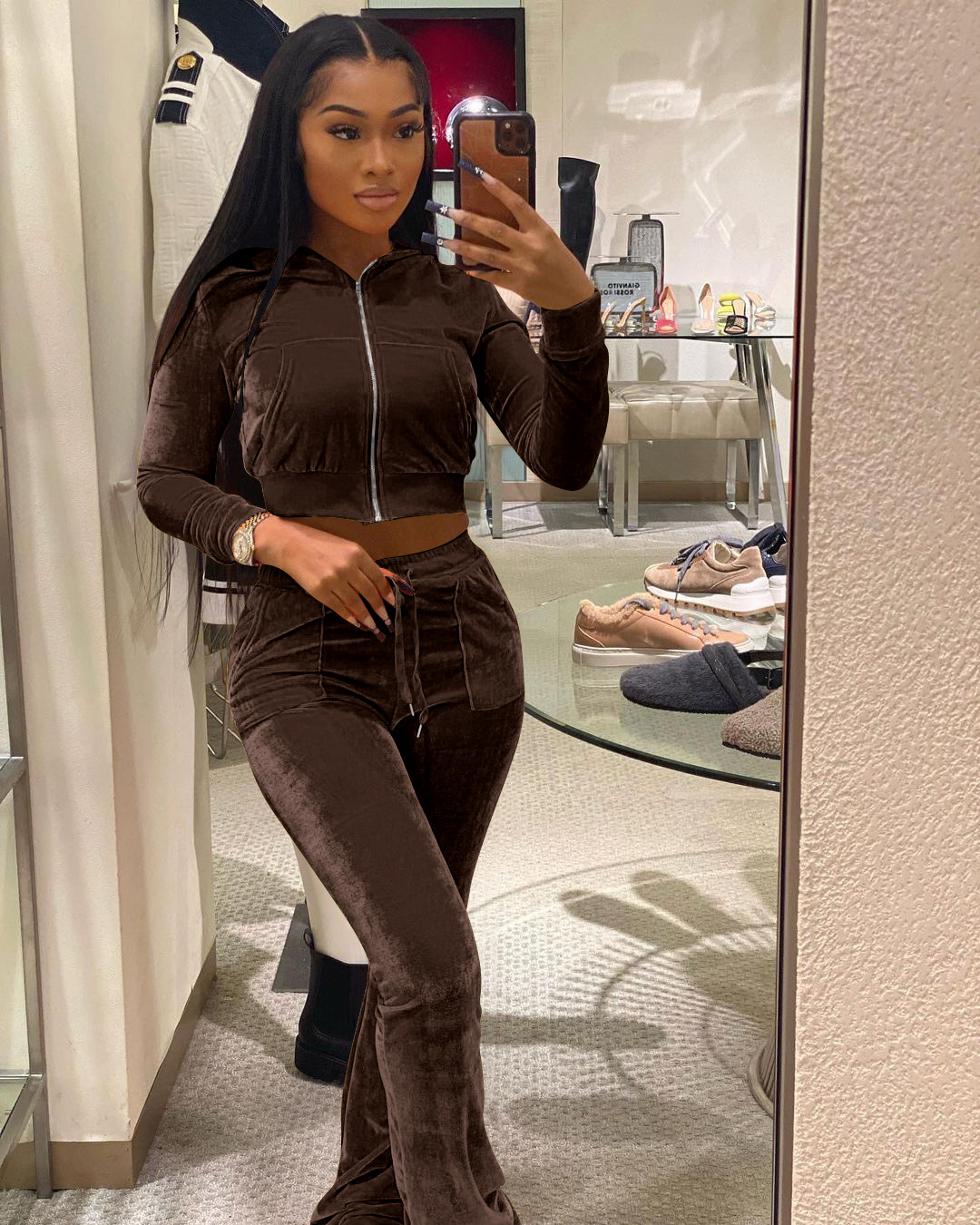 Solid color gold velvet wide-leg pants two-piece set pic 93