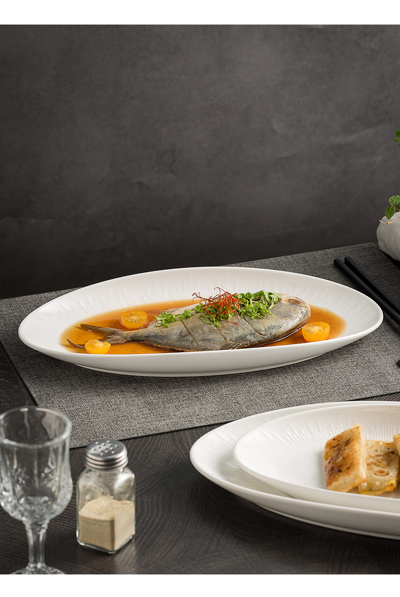 White porcelain high-end fish plate, restaurant cold dish plate, dain-shaped arrangement plate, hotel seafood plate, home high-temperature resistant steamed fish plate pic 15