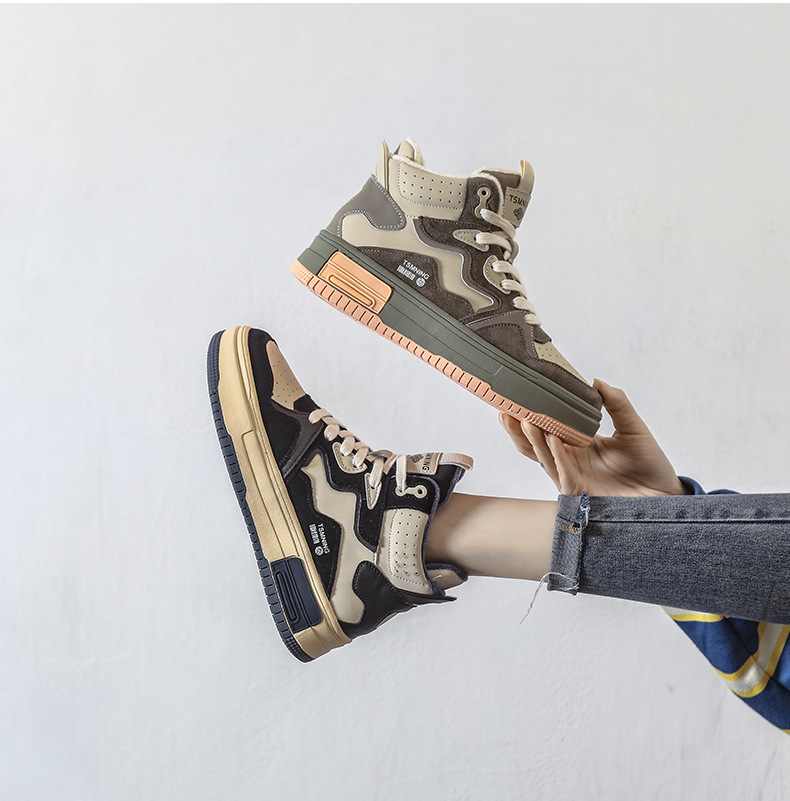 真皮高帮鞋女秋冬厚底拼色板鞋2025新款加绒休闲ins风运动鞋子女详情4