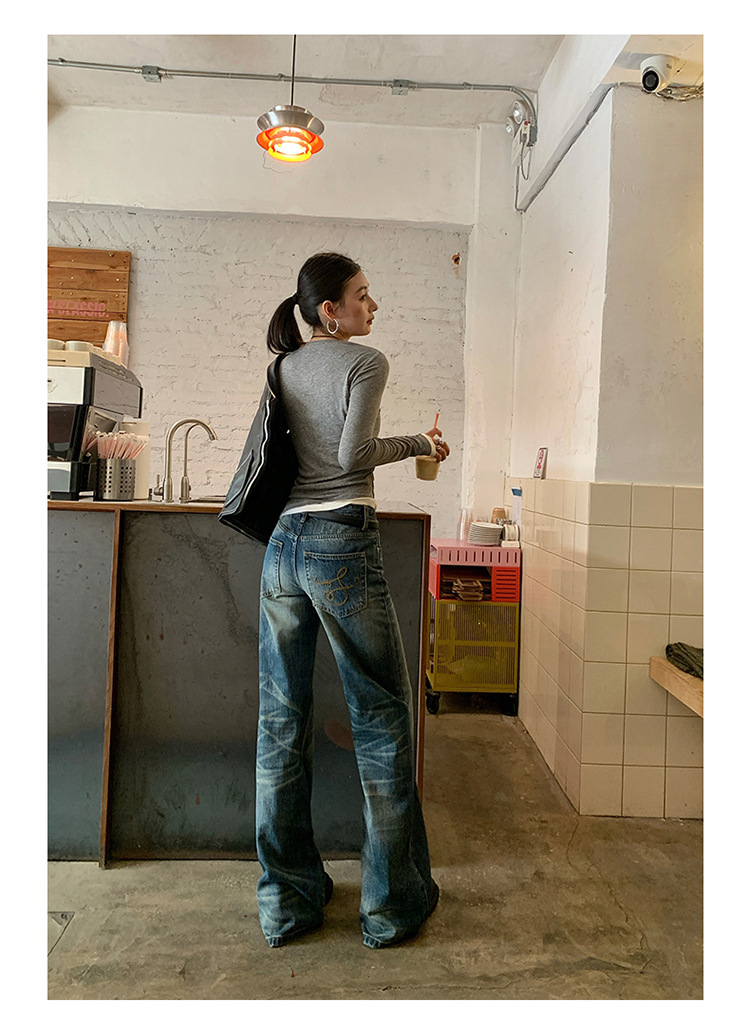 【今茵】新款美式复古水洗做旧中低腰无弹微宽松喇叭拖地牛仔裤女详情9