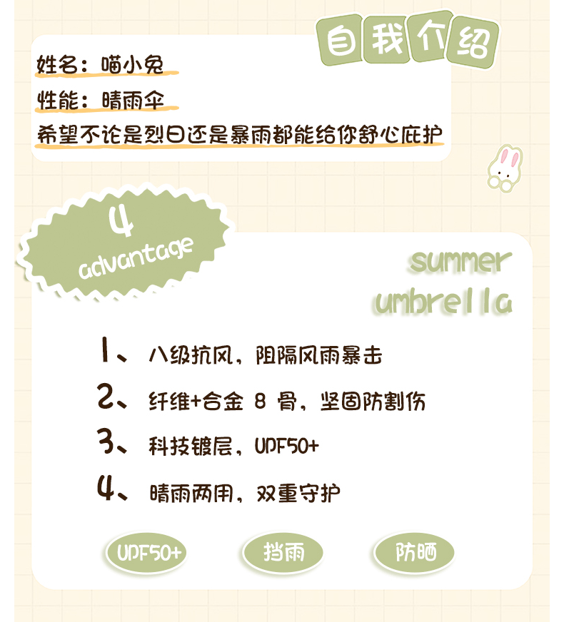 原创瞄小兔系列晴雨两用伞高颜值防晒防紫外线遮阳伞户外太阳伞女详情3