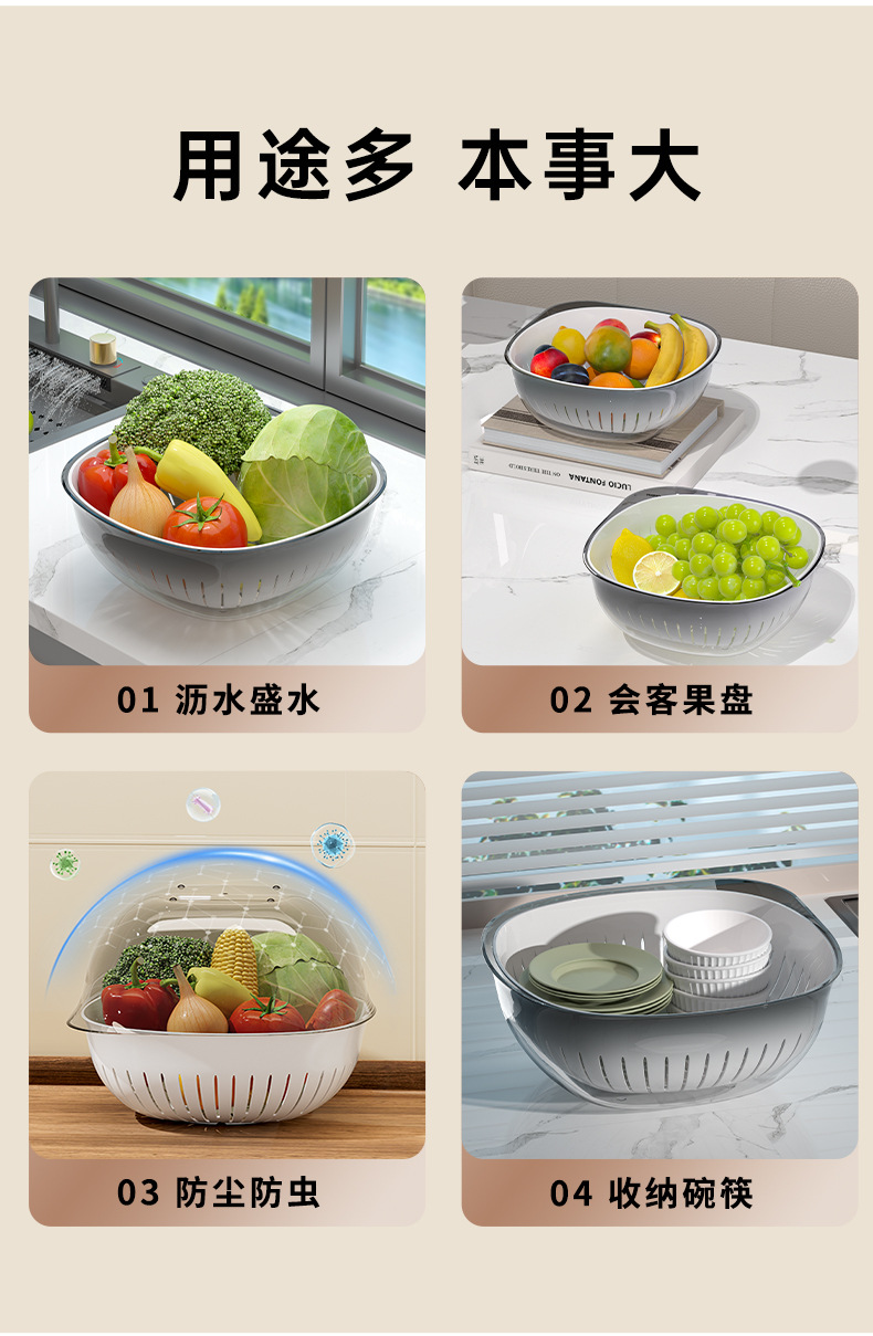 大小号双层沥水篮厨房蔬菜置物篮收纳洗菜用家用缕空水果篮详情5