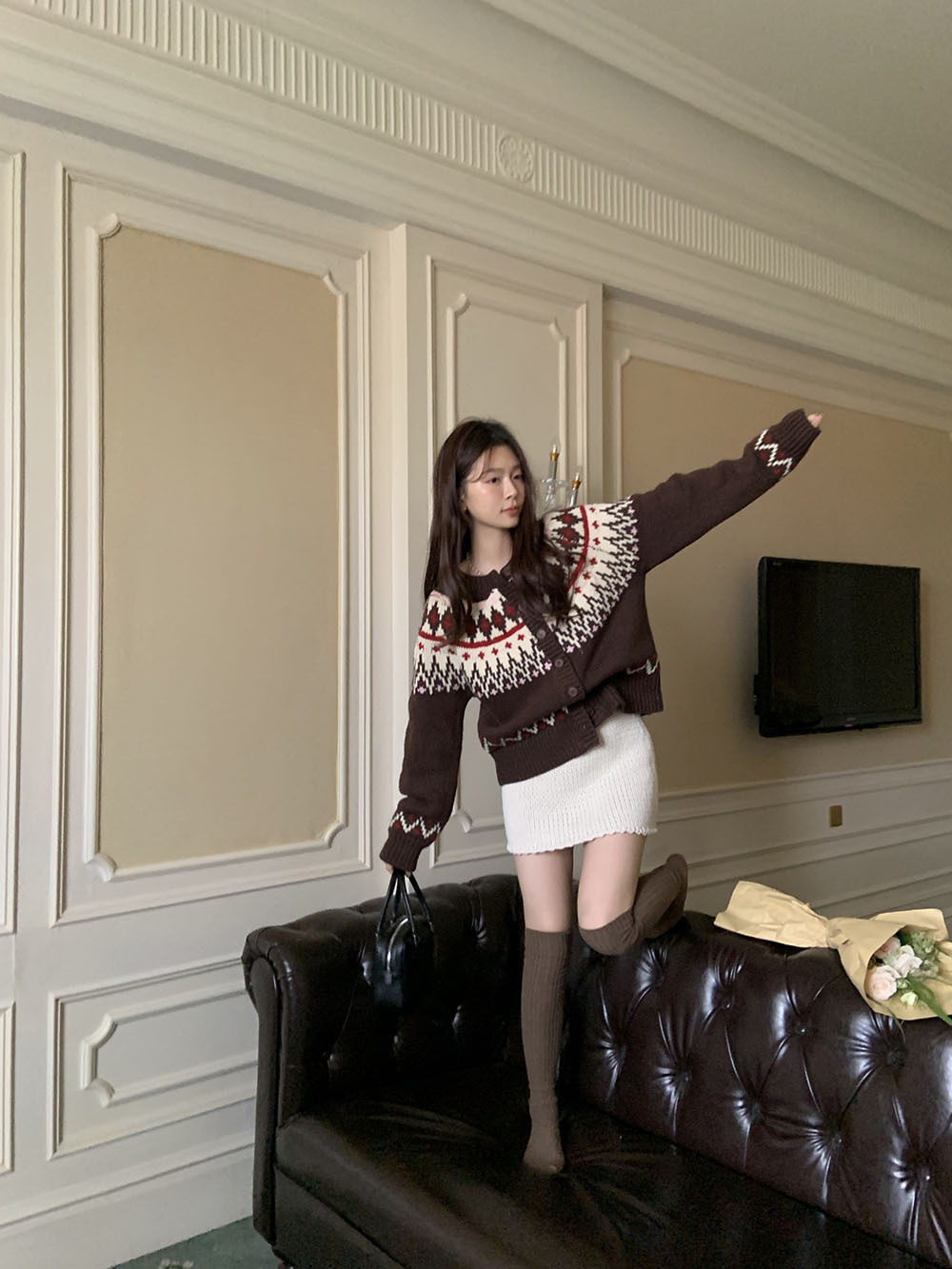 费尔岛复古美式少女撞色波普提花单排扣针织开衫厚实保暖毛衣外套详情27