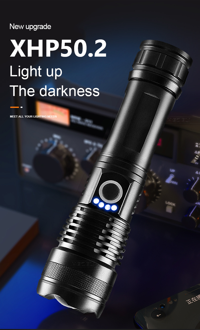 户外爆款强光照明手电筒p50灯芯USB充电强光家用防水巡逻手电筒详情4