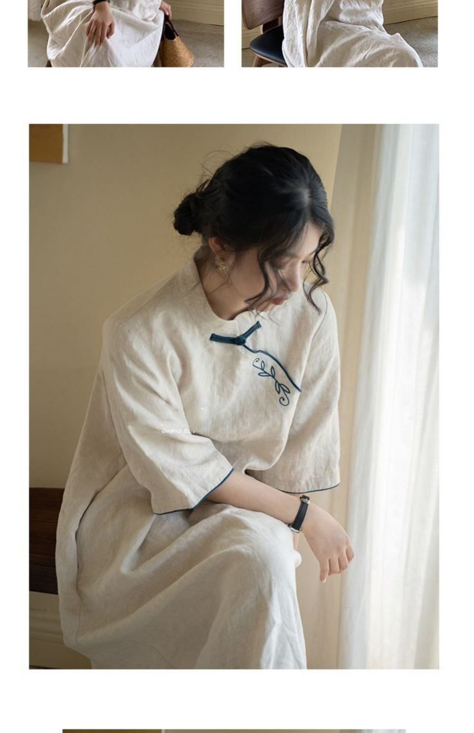 2025春夏季棉麻宽松复古刺绣新中式改良旗袍连衣裙小立领绣花裙子详情8