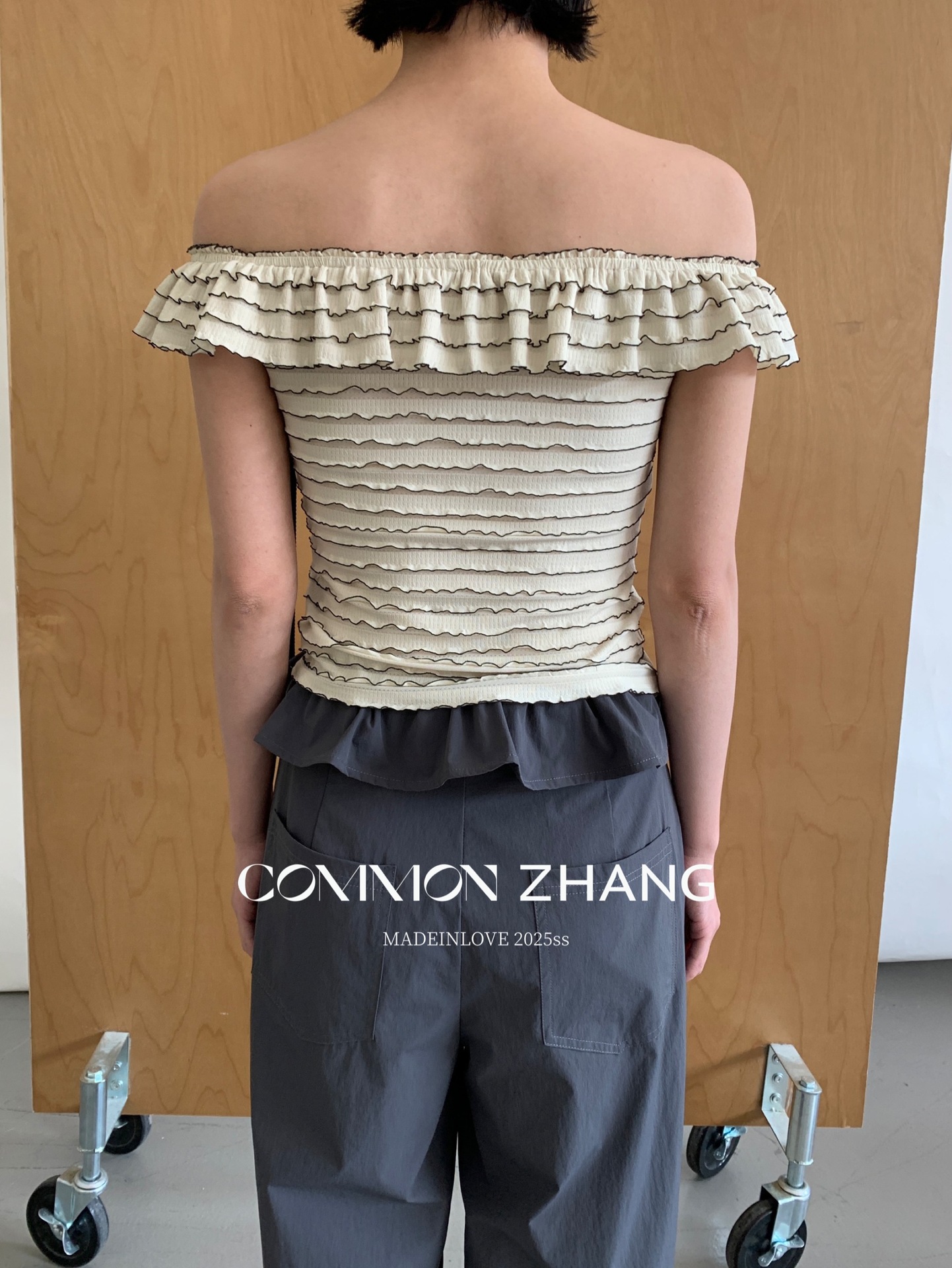 CZ ZHANG Summer French lace one-shoulder off-the-shoulder, contrasting color striped waist-cinching slim shirt B23795 pic 42