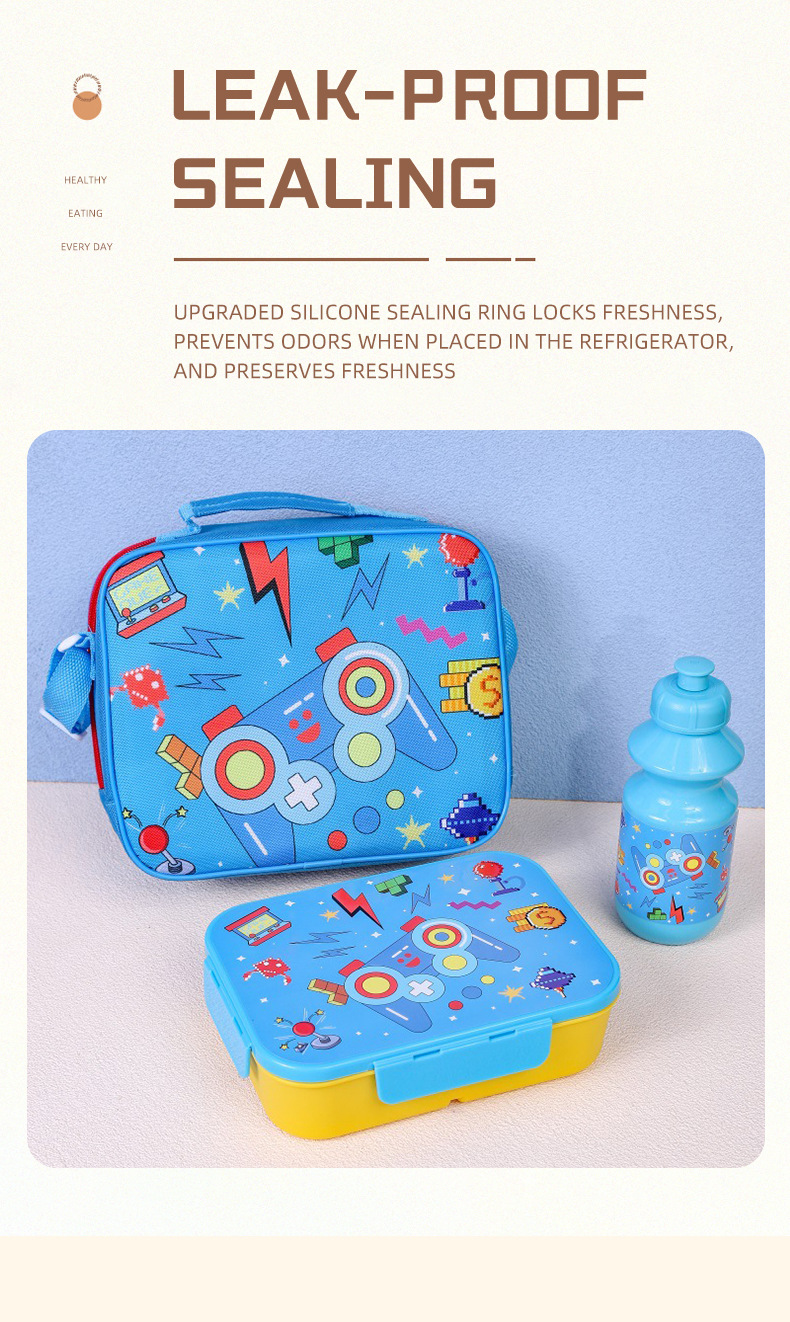 跨境热卖儿童可爱手提水杯饭盒套装厂家学生卡通分格便当盒餐包详情4