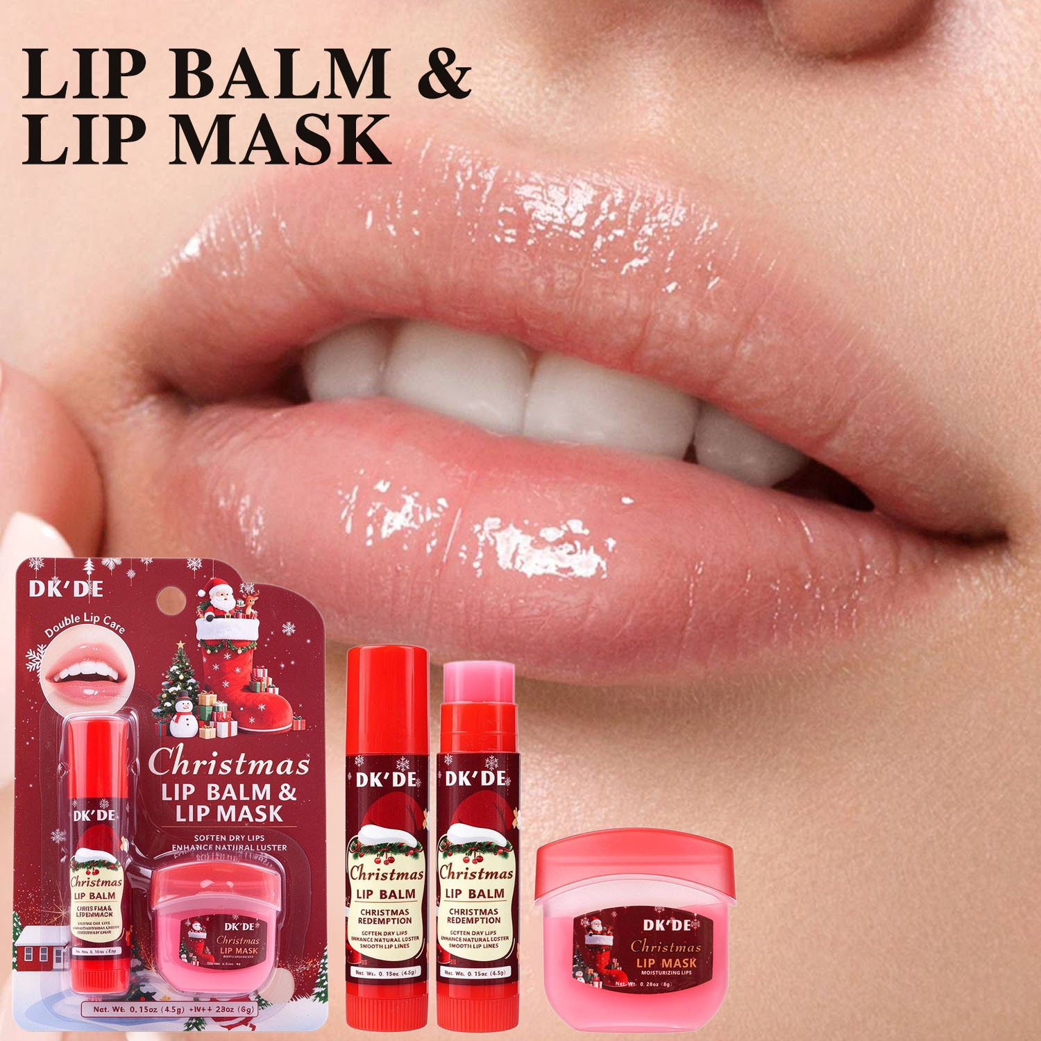 【 Cross-border Exclusive 】DKDE+ 3-color Christmas Lip Mask + Lipstick Set: Soft, firm, hydrating, Protective and anti-cracking pic 3