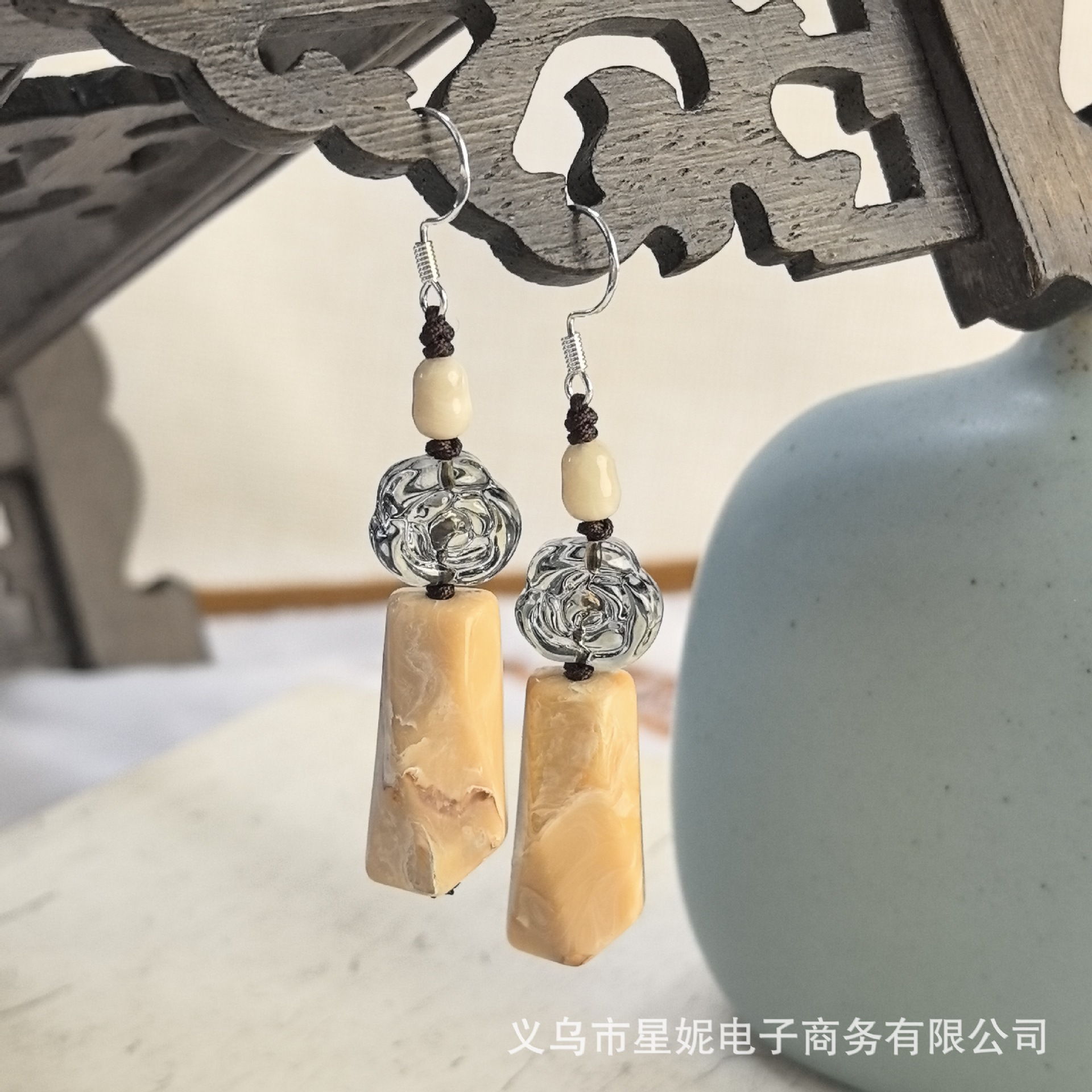 新中式玫瑰花红色紫色清新绿古装汉服轻奢长款不规则耳饰进口详情7