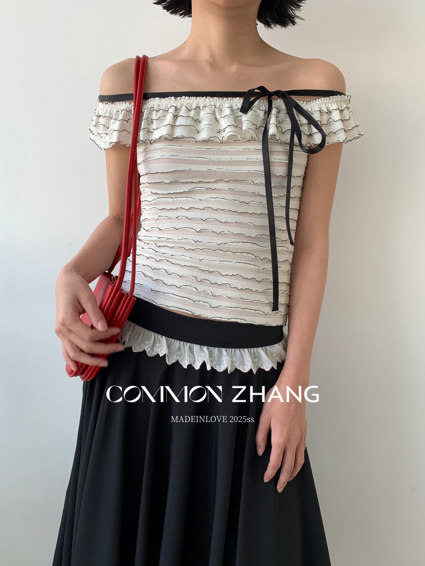 CZ ZHANG Summer French lace one-shoulder off-the-shoulder, contrasting color striped waist-cinching slim shirt B23795 pic 14