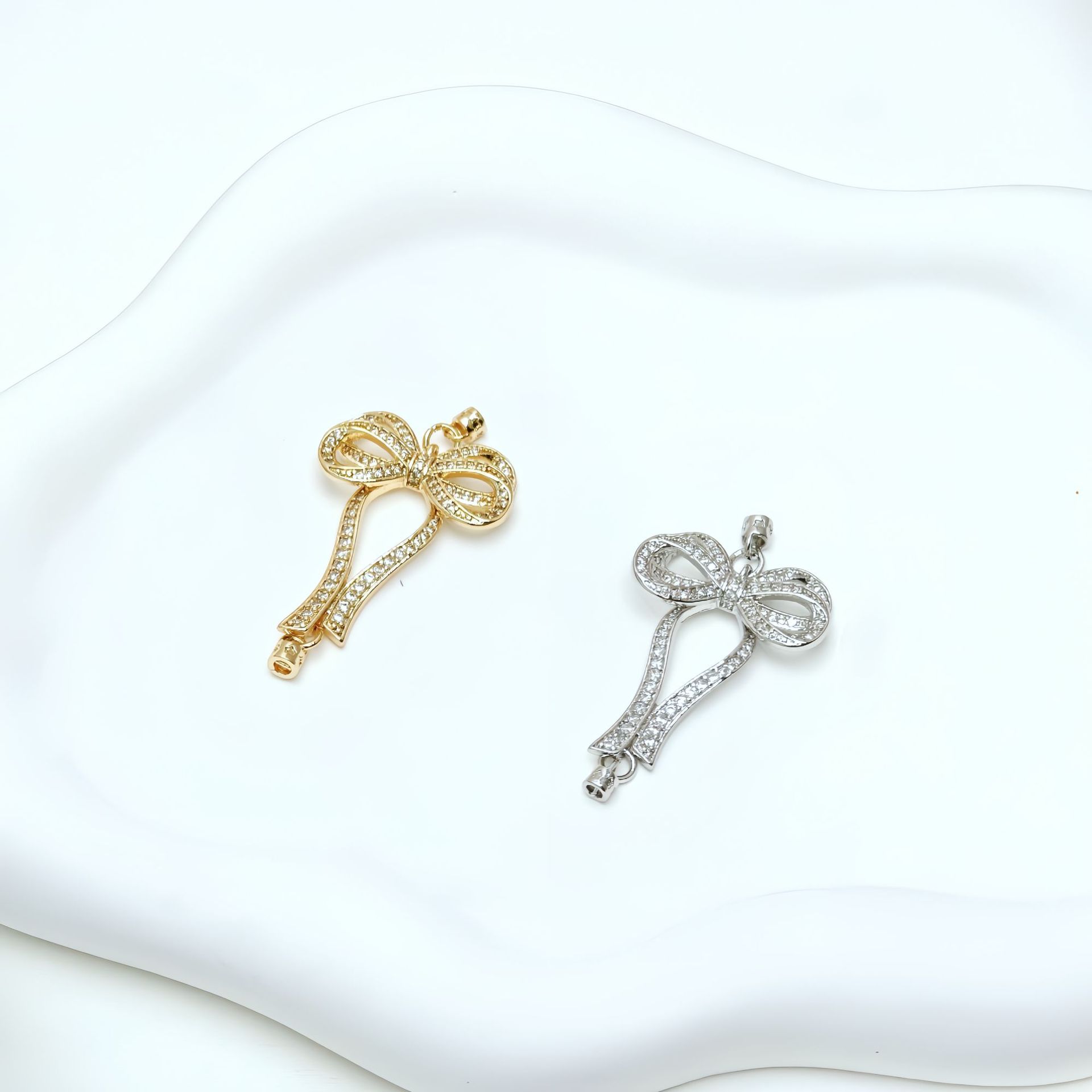 保色14K包金镶锆石蝴蝶结珍珠项链毛衣链连接扣吊坠手工串珠配饰详情8