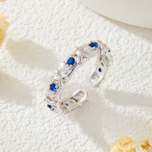 Light luxury high-end color gemstone open ring, slightly inlaid with zirconium blue pine emerald champagne adjustable ring in copper alloy pic 5