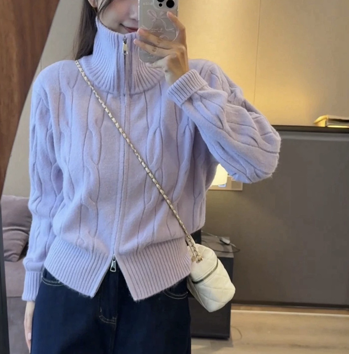 Solid-color casual double-zipper twisted knit cardigan coat, fashionable and versatile, new autumn and winter style sweater top for women pic 4